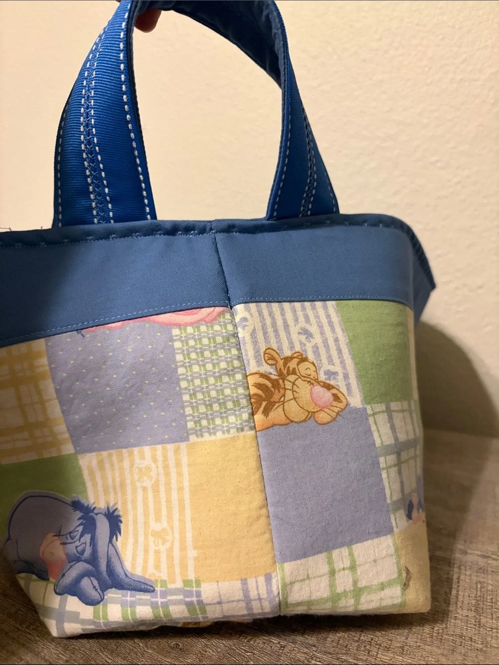 Blue Patchwork Nursery tote with Winnie the Pooh Print